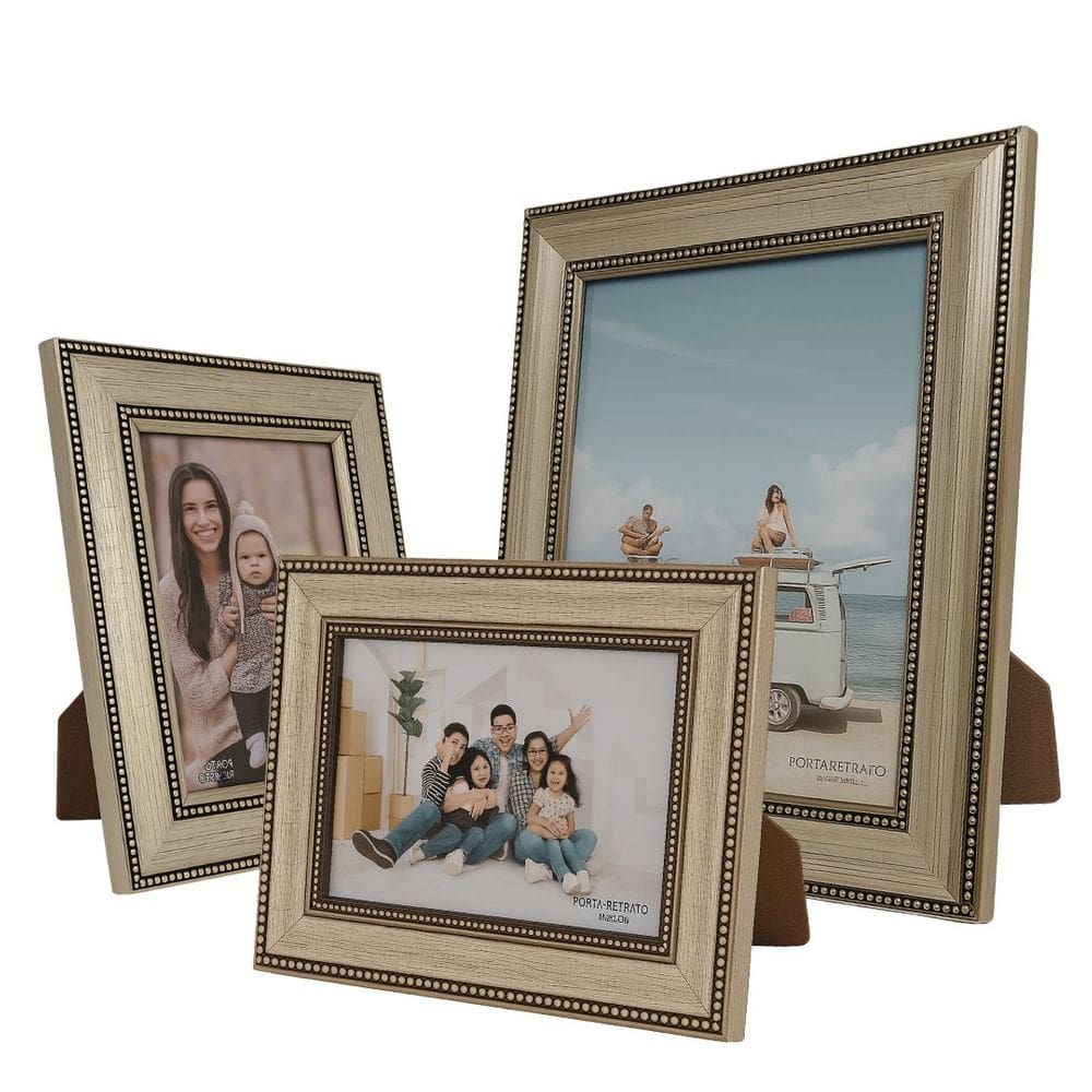 Jogo 3 Porta-Retratos Moldura Madeira Premium Champanhe Fotos 20x25, 10x15 e 15x21