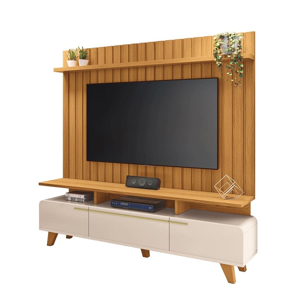 Bancada de Tv Toledo até 70 Polegadas Com Painel Ripado Off White-Cinamomo EdeCasaMoveis
