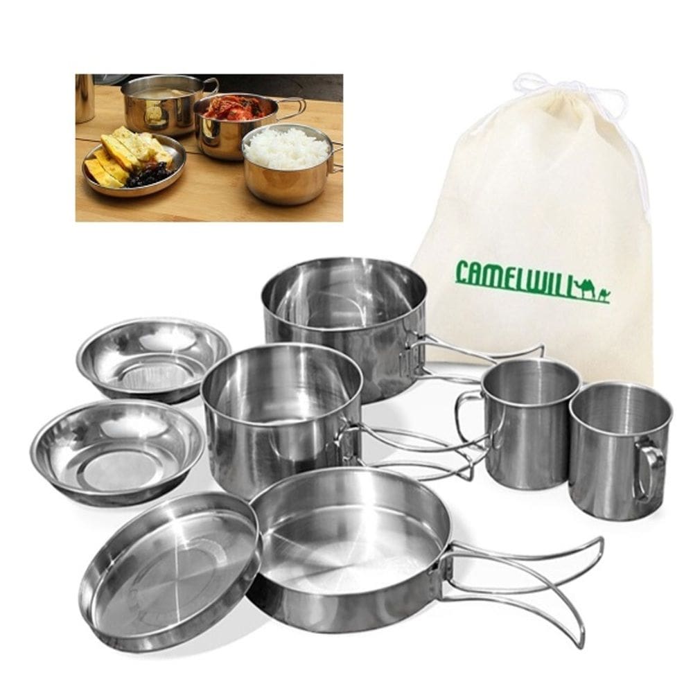 Conjunto Panelas Aço Inox 8 Peças P/ Camping Pesca Churrasco