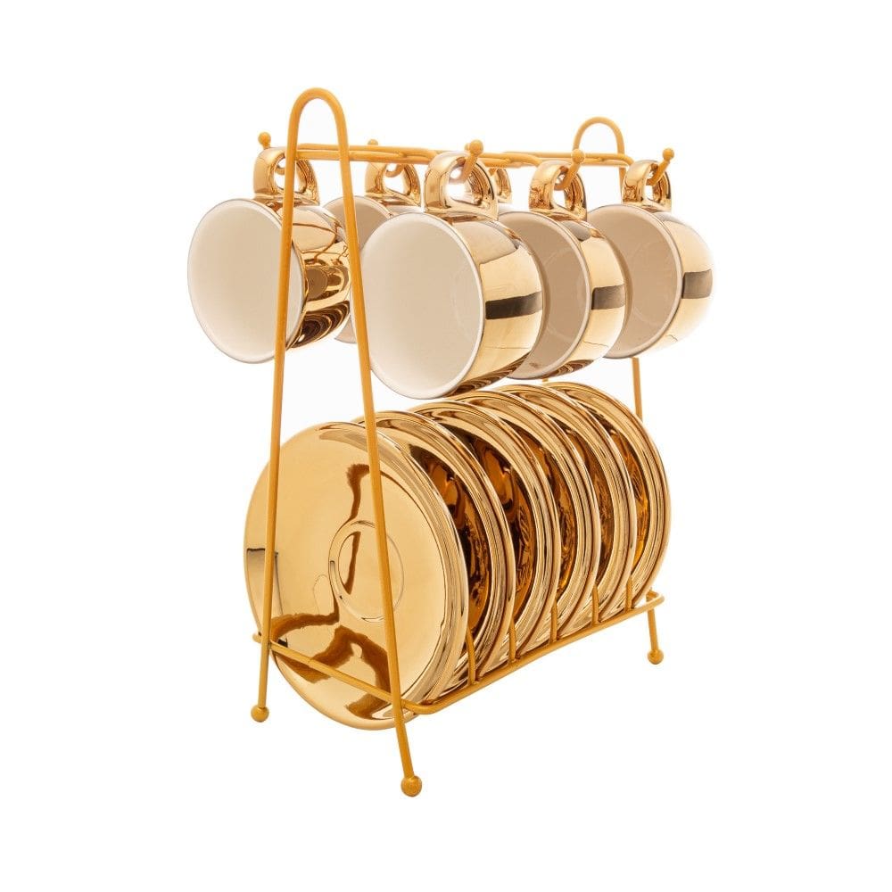 Conjunto de Xícara de Café 6 Peças de Porcelana com Suporte Versa Dourado/Branco 90 ml Wolff