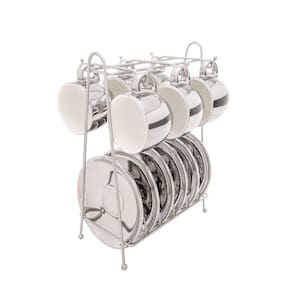 Conjunto de Xícara de Café 6 Peças de Porcelana com Suporte Versa Prata/Branco 90 ml Wolff