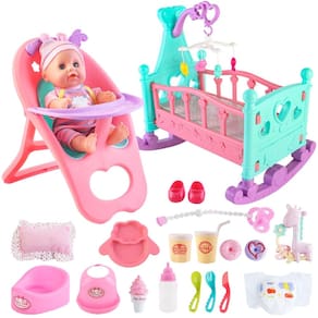 Conjunto de bonecas DeAo com berço, cadeira alta, carrinho de bebê, 20 peças