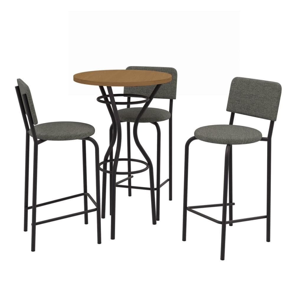 Conjunto Sala de Jantar 3 Banquetas Alta Mesa Tampo de Madeira Kappesberg Crome Preto/Linho