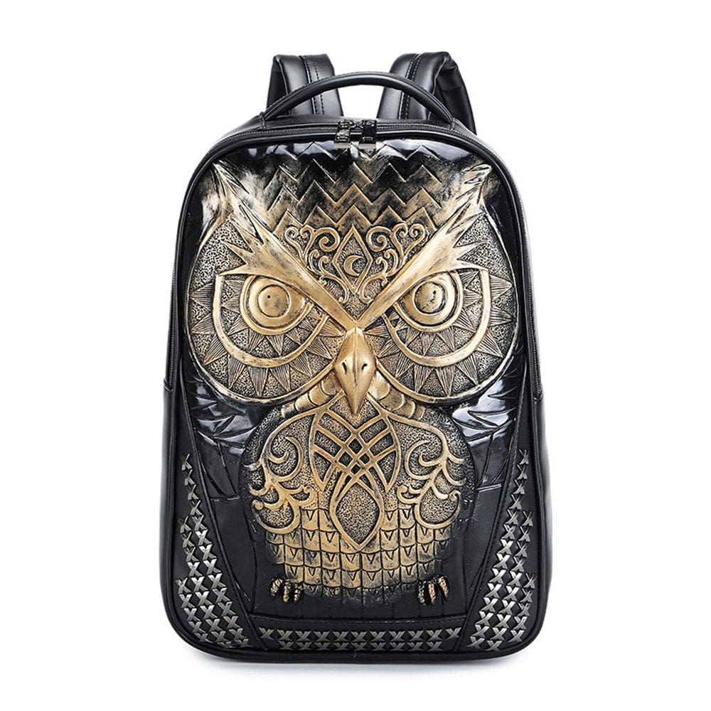 Mochila AIBAG 3D Owl Head para mulheres em couro PU dourado