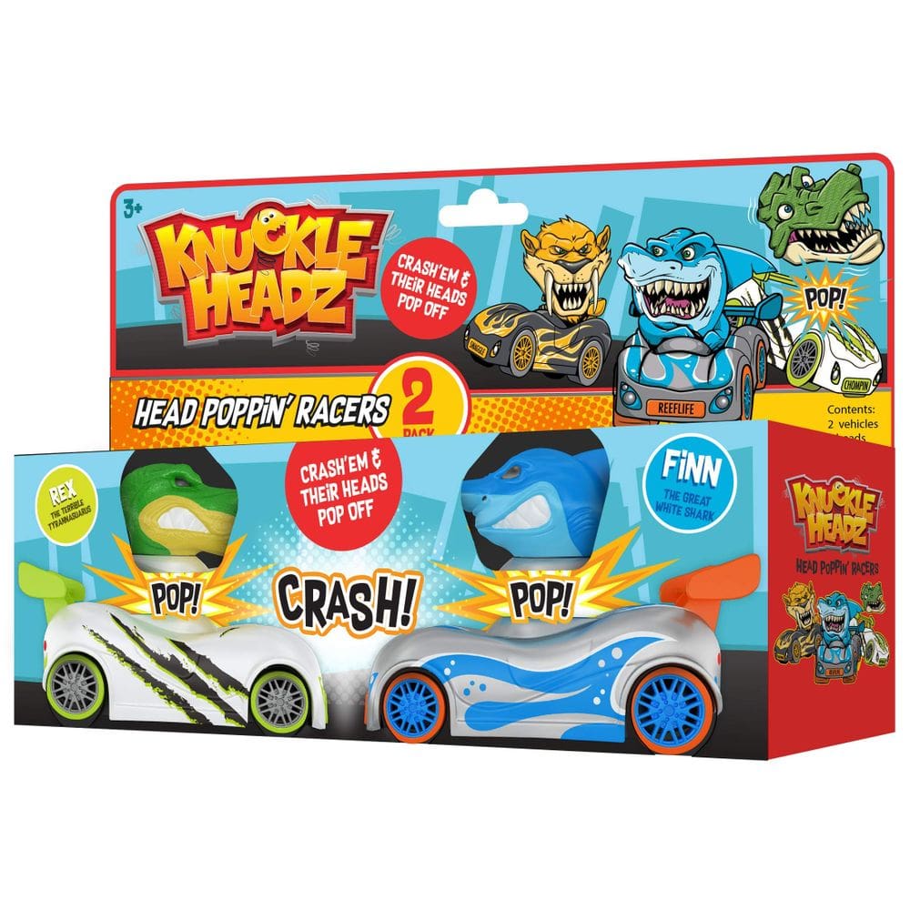 Brinquedos para carros de corrida Knuckle Headz, pacote com 2, dinossauro vermelho e tubarão vermelho