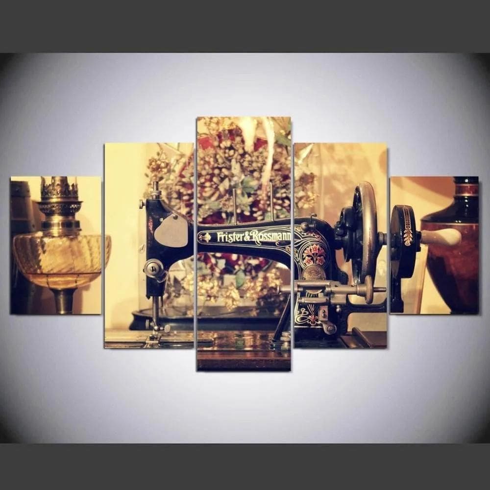 Quadros Decorativos Maquina De Costura Mosaico 5 Peças
