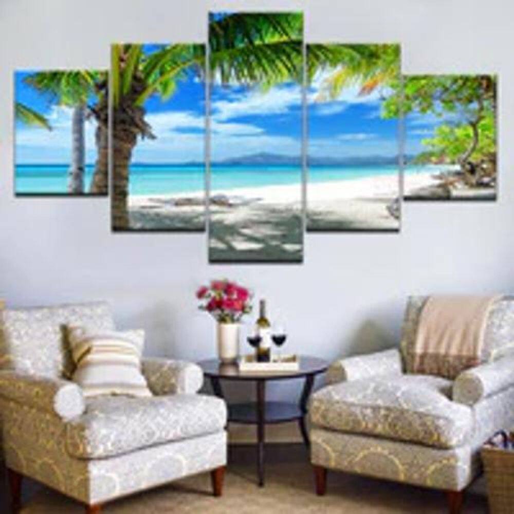 Quadro Decorativo Mosaico De 5 Peças Praia Coqueiro Areia