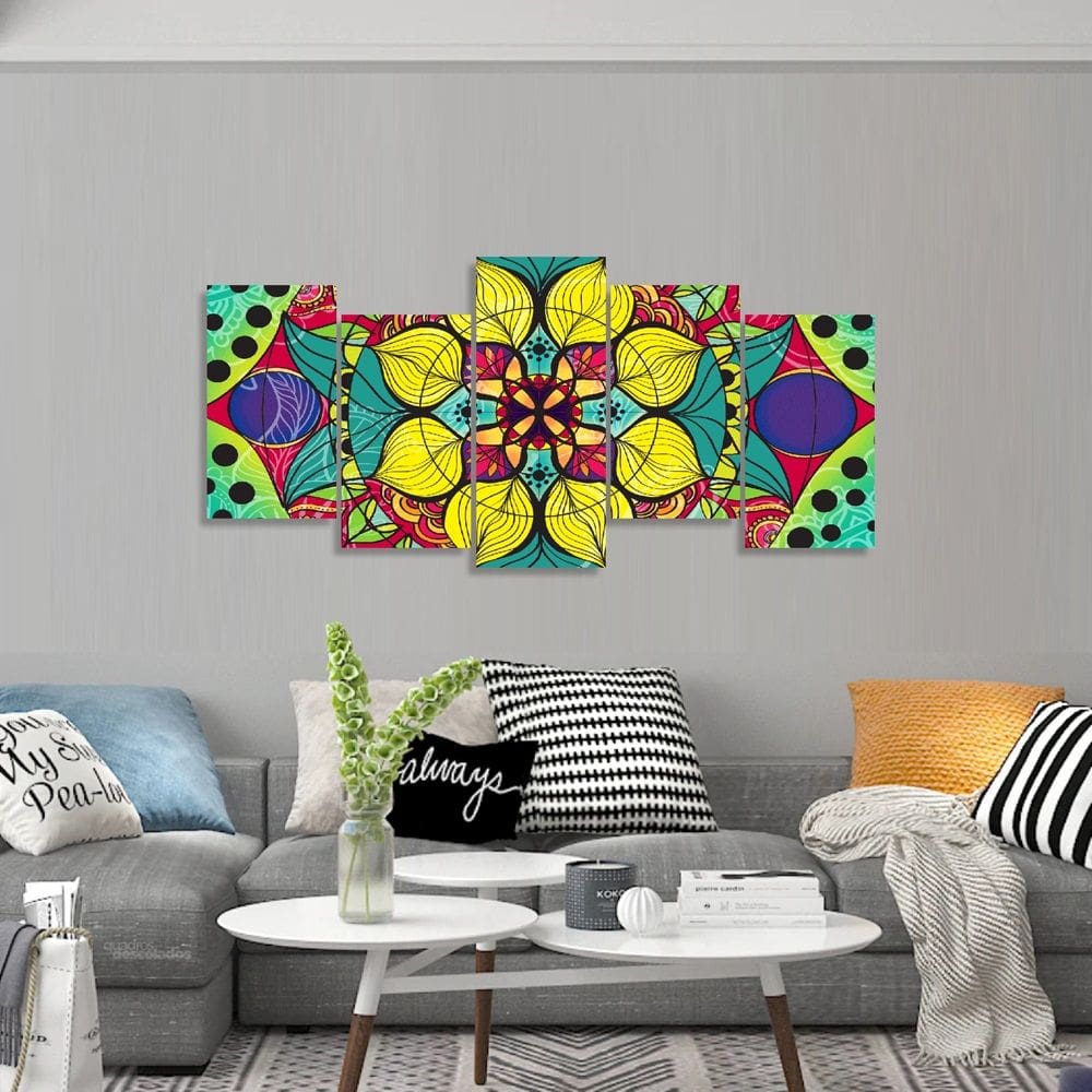 Quadro Mandala Colorido Mosaico 5 Peças decorativo