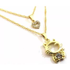 Colar Duplo Gato Gatinho Folheado A Ouro 18k