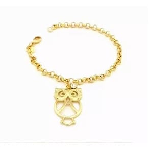 Pulseira Delicada Pedagogia Coruja Folheado A Ouro 18k