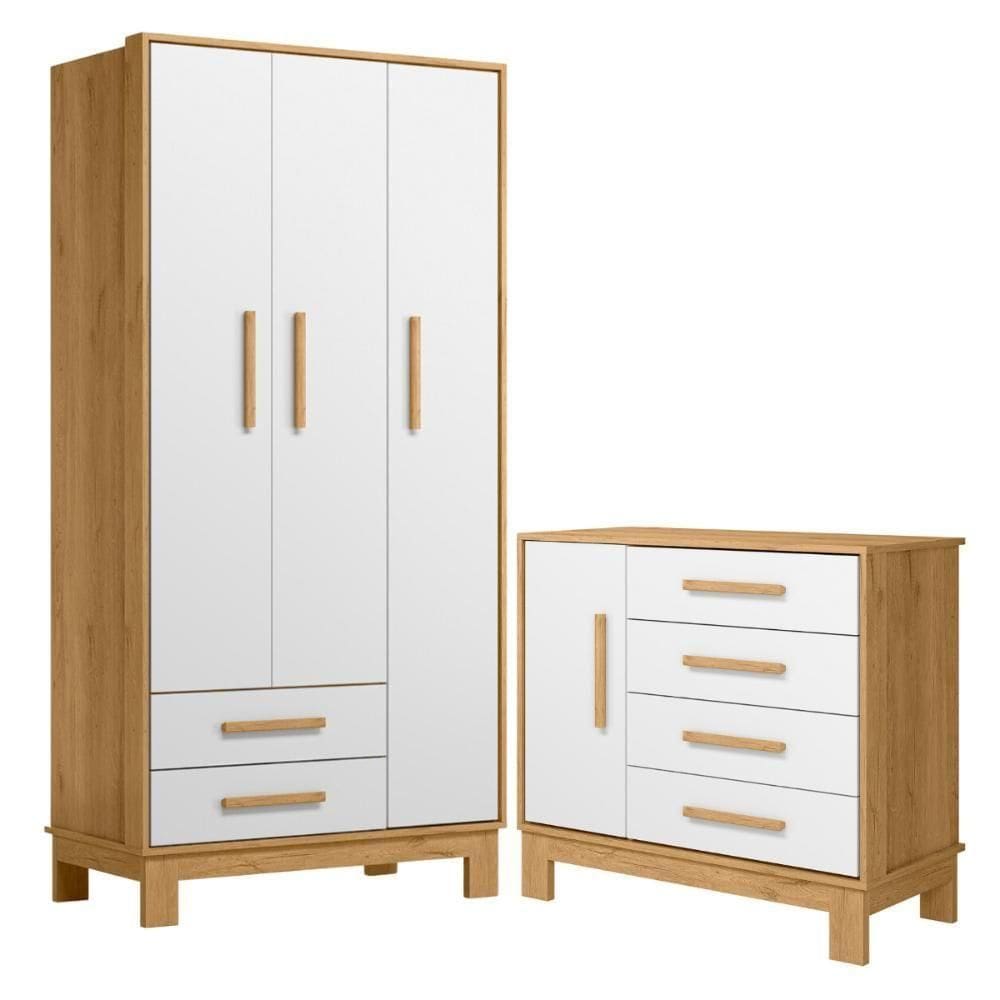 Roupeiro Com 3 Portas E Cômoda Malta Freijó Branco Acetinado