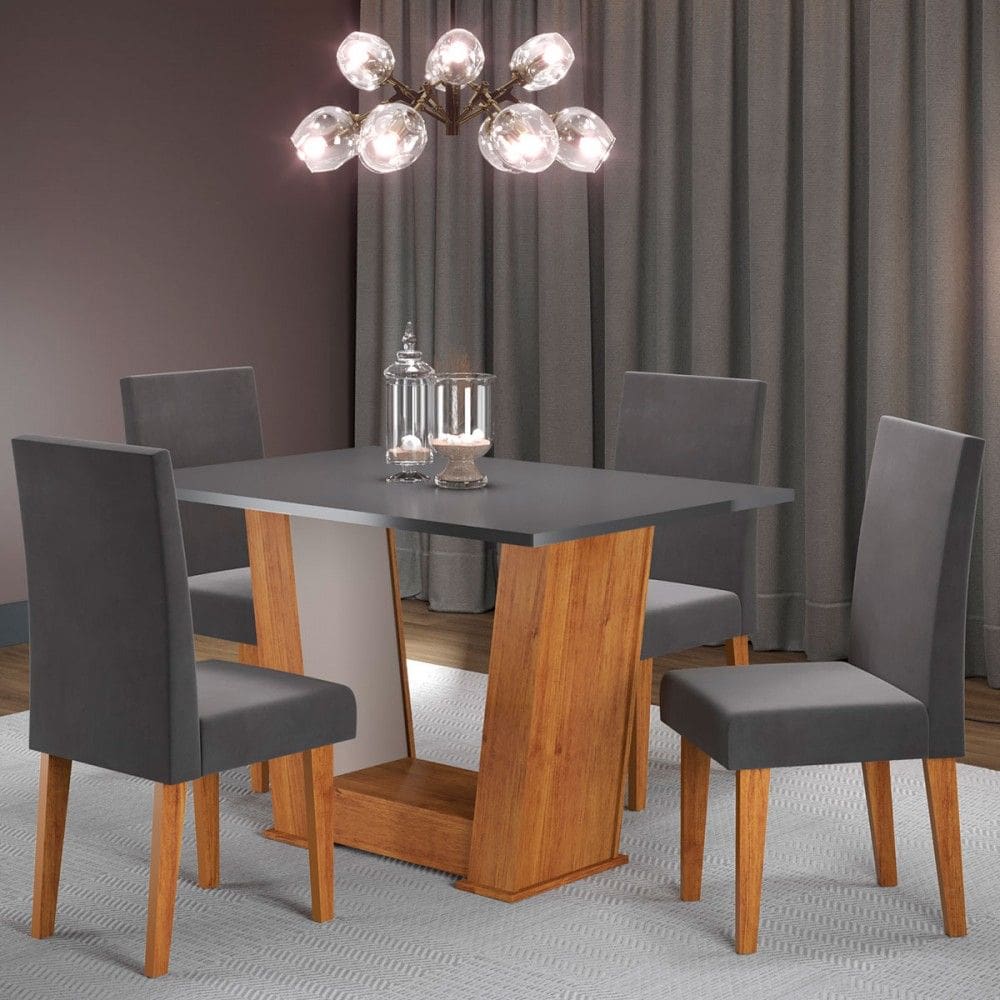 Mesa de Jantar 4 Lugares Grazi Marrom/Cinza/Veludo Grafite - Pnr Móveis