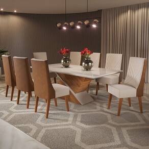 Mesa de Jantar 8 Lugares Glamuor com Vidro Marrom/Off White/Bronze - Pnr Móveis
