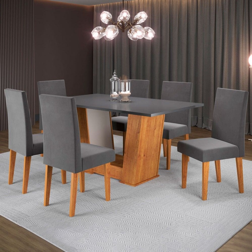 Mesa de Jantar 6 Lugares Grazi Marrom/Cinza/Veludo Grafite - Pnr Móveis