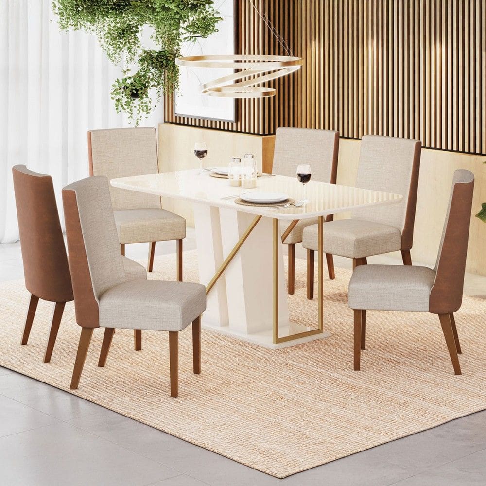 Mesa de Jantar 8 Lugares Naomi com Vidro Natural/Off White - Pnr Móveis