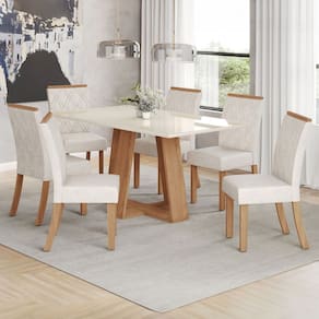 Mesa de Jantar 6 Lugares Sales com Vidro Natural/Off White/Linho - Pnr Móveis