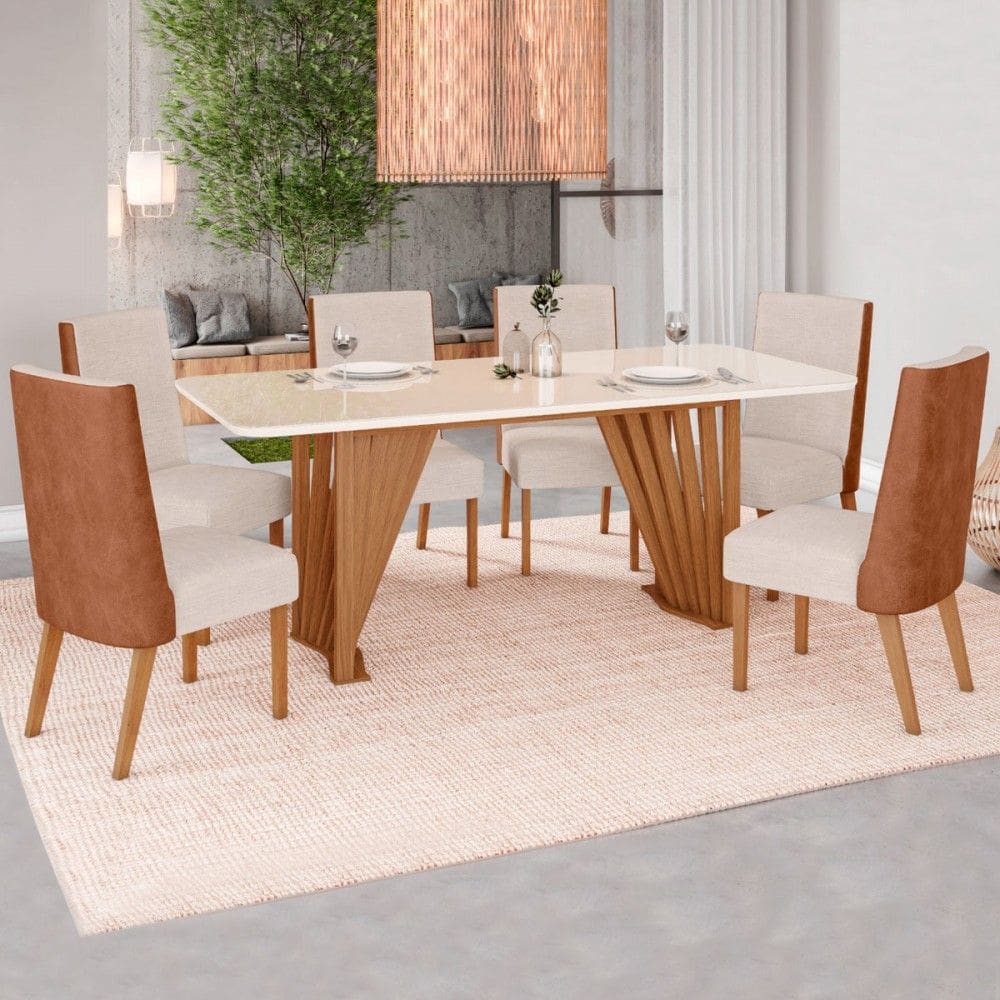 Mesa de Jantar 6 Lugares Lívia com Vidro Natural/Courino/Linho - Pnr Móveis