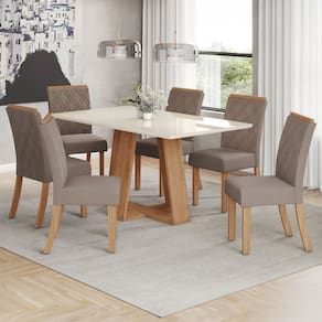 Mesa de Jantar 6 Lugares Sales com Vidro Natural/Off White/Bege - Pnr Móveis