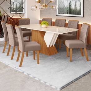 Mesa de Jantar 8 Lugares Aline com Vidro Natural/Off White/Amêndoa - Pnr Móveis