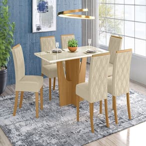 Mesa de Jantar 6 Lugares Nicole/Vita com Vidro Natural/Off White/Linho - Pnr Móveis