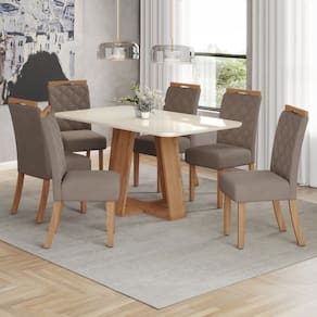 Mesa de Jantar 6 Lugares Sales/Bella com Vidro Natural/Off White/Amêndoa - Pnr Móveis