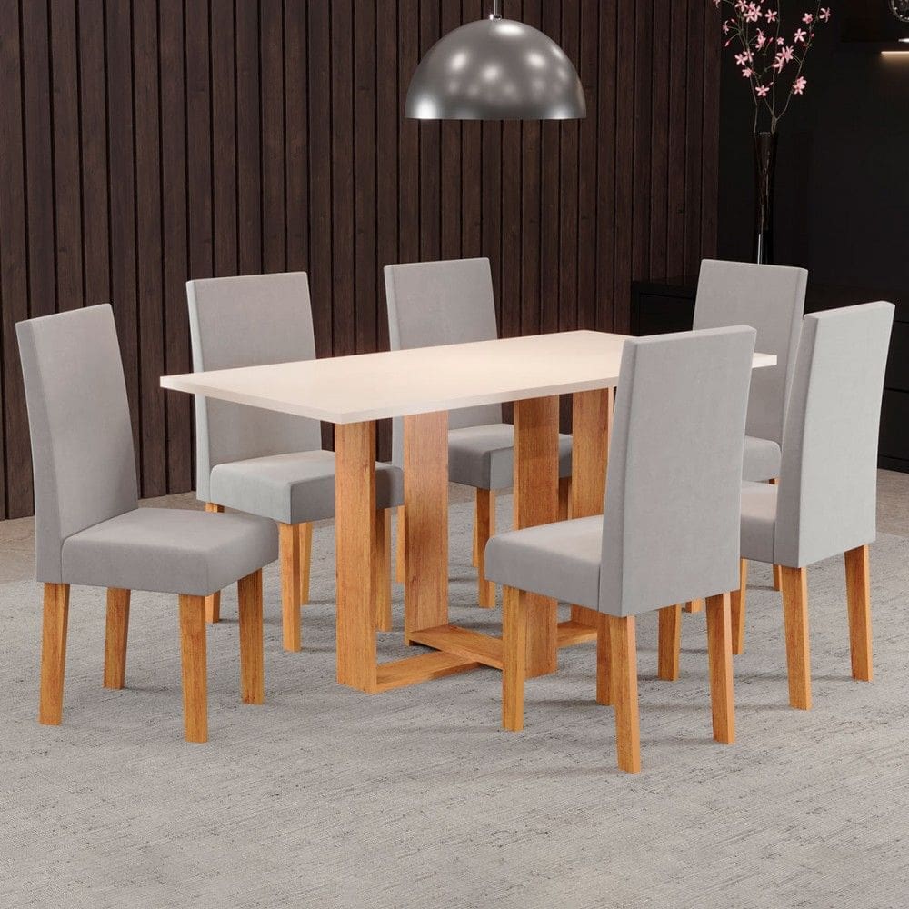 Mesa de Jantar 6 Lugares Erika Marrom/Blonde/Veludo Cinza 26272 - Pnr Móveis