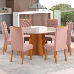 Mesa de Jantar 6 Lugares Virginia com Vidro Marrom/Off White/Veludo Rosa - Pnr Móveis