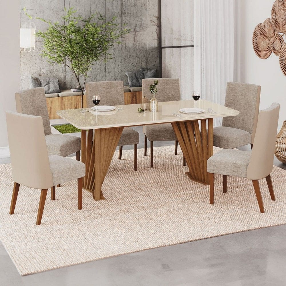 Mesa de Jantar 6 Lugares Lívia/Anne Natural/Corano Bege/Creme - Pnr Móveis