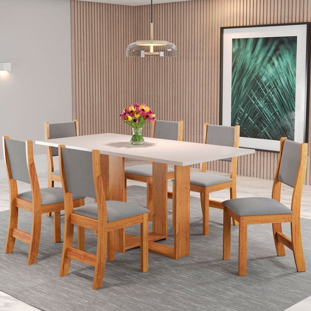 Mesa de Jantar 6 Lugares Erika Marrom/Blonde/Veludo Cinza - Pnr Móveis