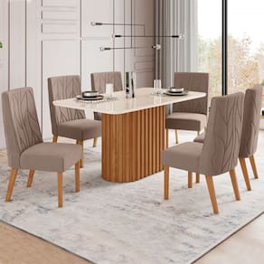 Mesa de Jantar 6 Lugares Luana com Vidro Natural/Off White/Amêndoa - Pnr Móveis