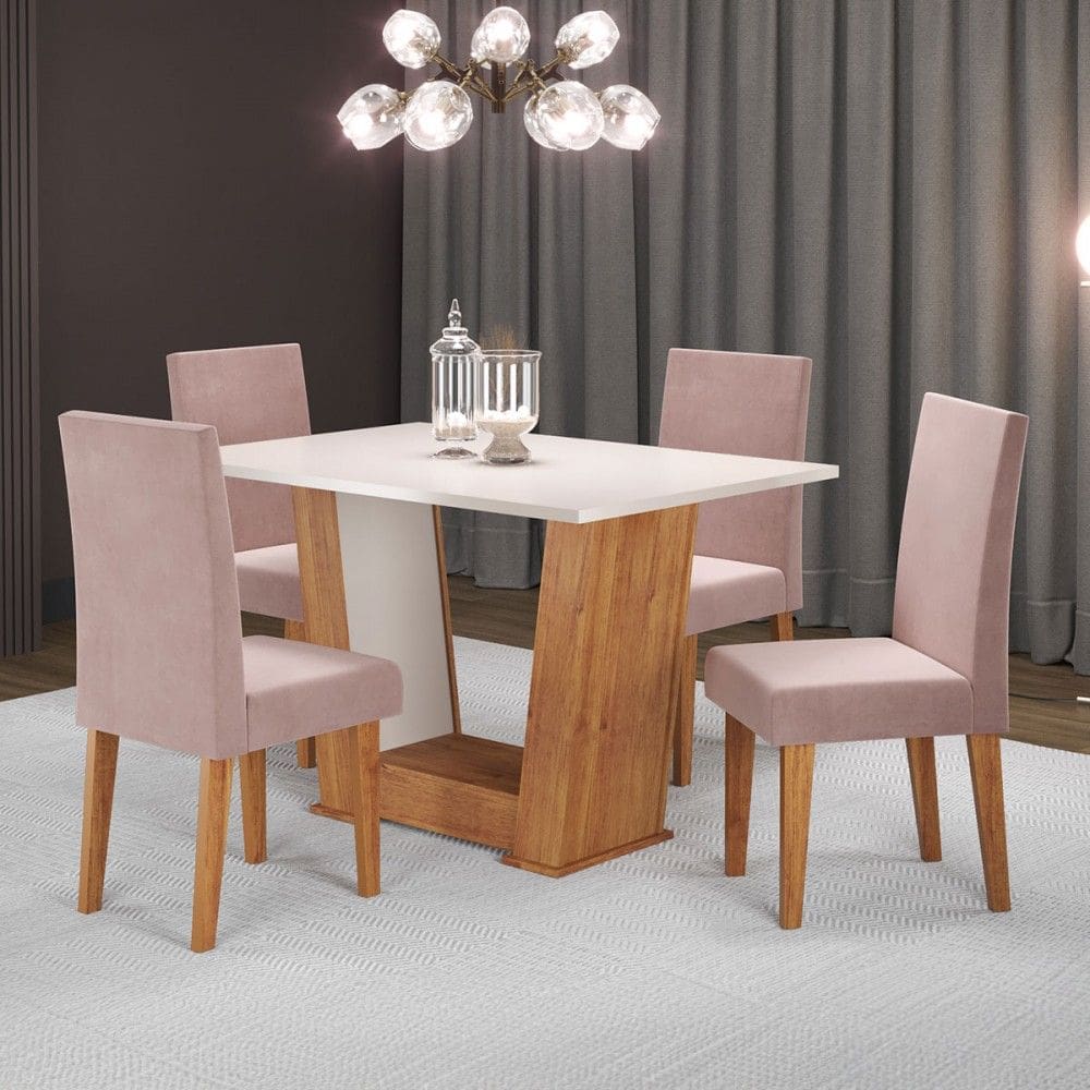 Mesa de Jantar 4 Lugares Grazi/Marte Marrom/Blonde/Veludo/Rosa - Pnr Móveis