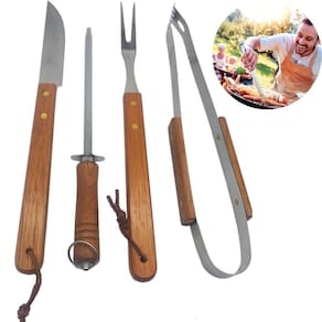 Kit Churrasqueiro 4 Peças Utensílios Em Aço Inox Resistente