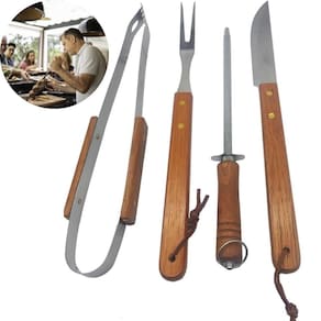 Conjunto Churrasco 4 Peças Aço Inox Ideal Para Cozinheiros