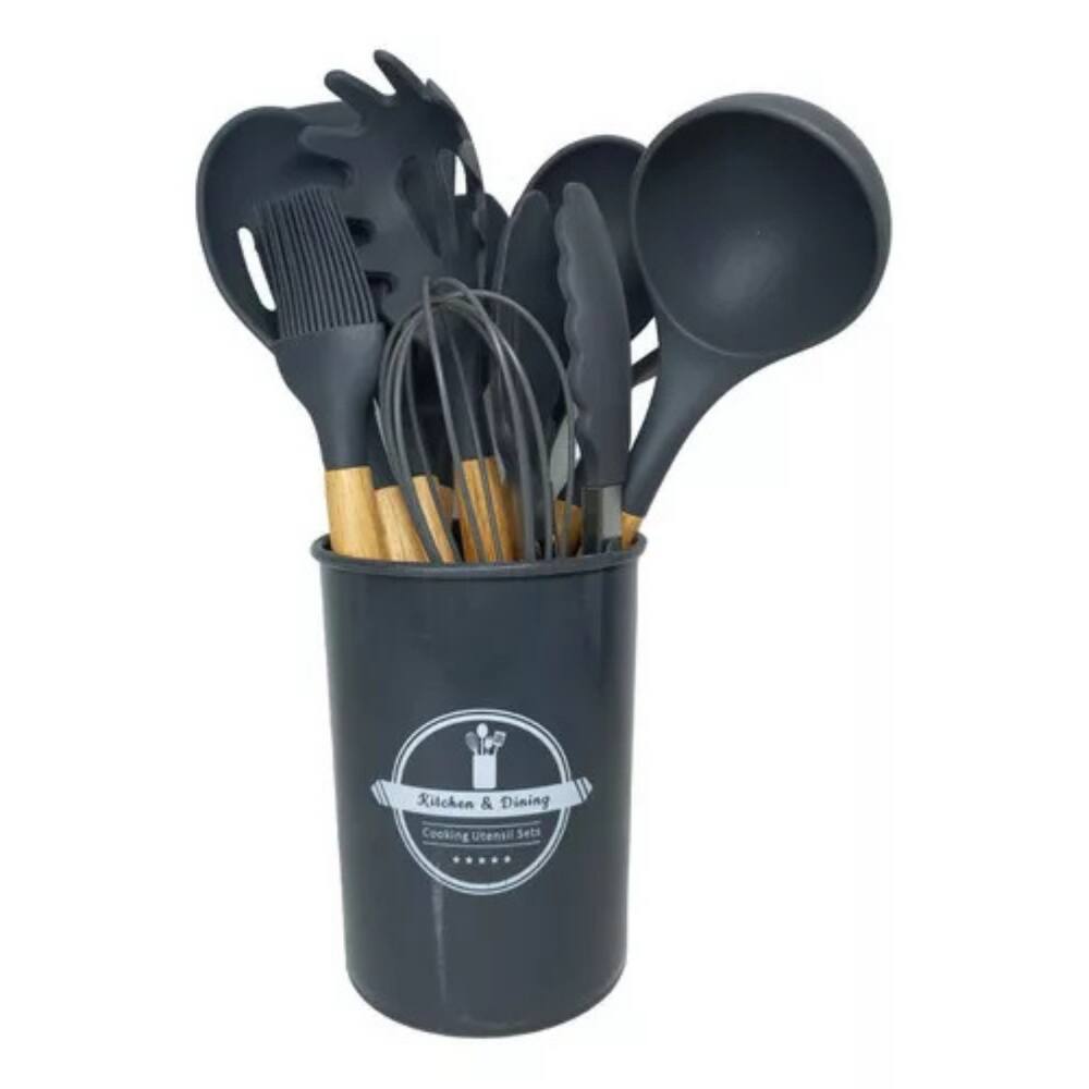 Kit 12 Utensílios Pequeno Cozinha Moderno Preto Bambu Silicone