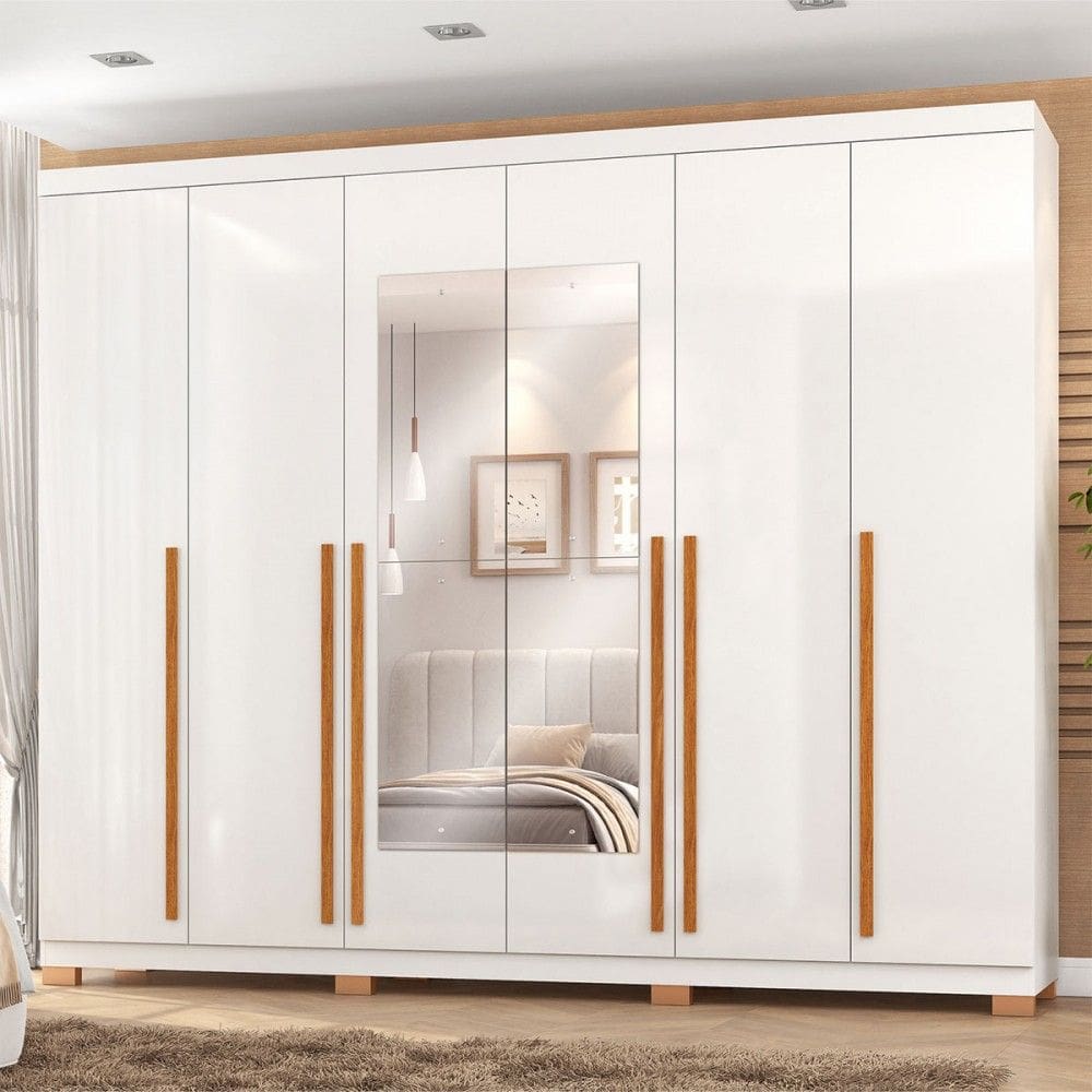 Guarda-Roupa Casal Montes 6 Portas 8 Gavetas 100% Mdf com Espelho Branco - Pnr Móveis