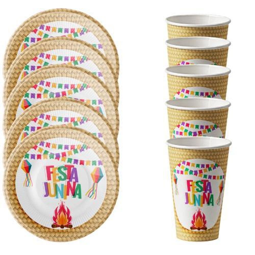 Kit 20 Convidados Pratos Copos Decoração Papel Festa Junina