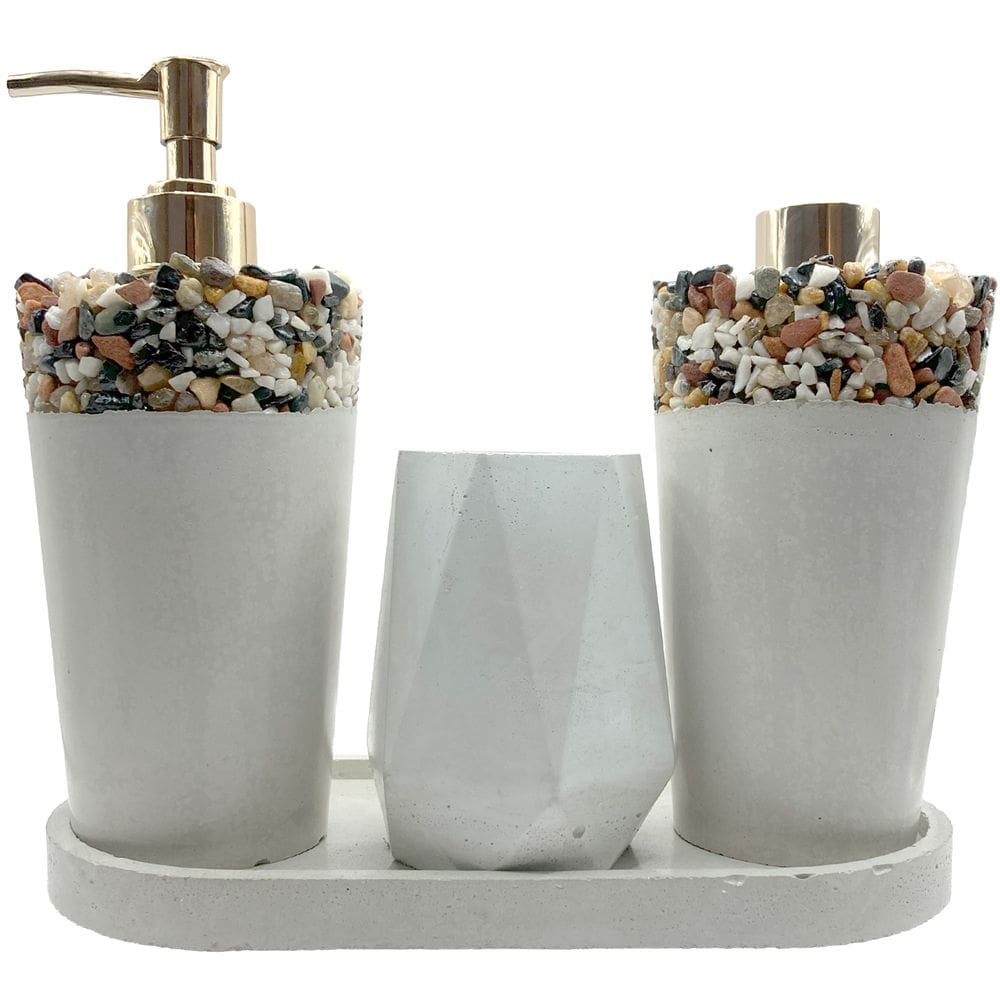 Kit Lavabo Artesanal com Pedras Naturais Saboneteira Porta-Escovas, Aromatizador Rústica Sofisticada