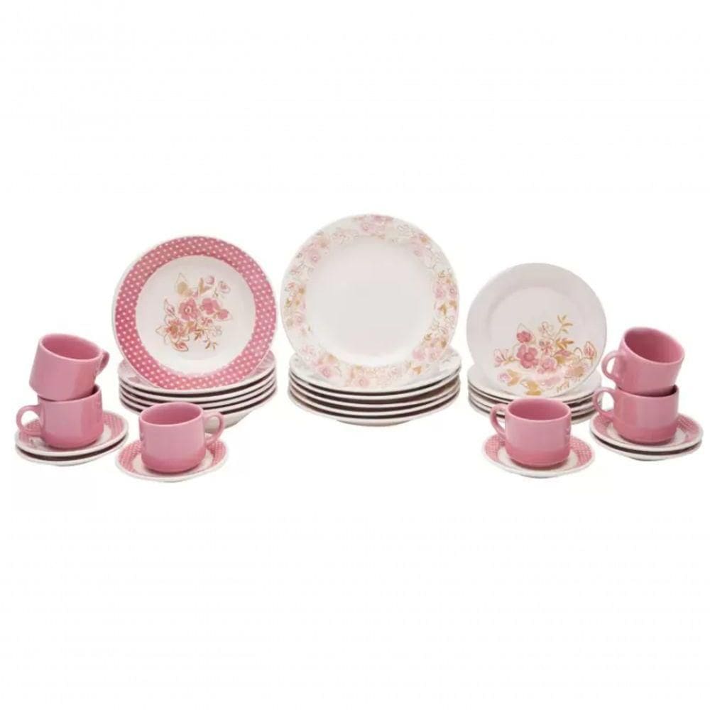 Jogo De Jantar E Cha 30 Em Ceramica Alto Brilho Rosa Briett