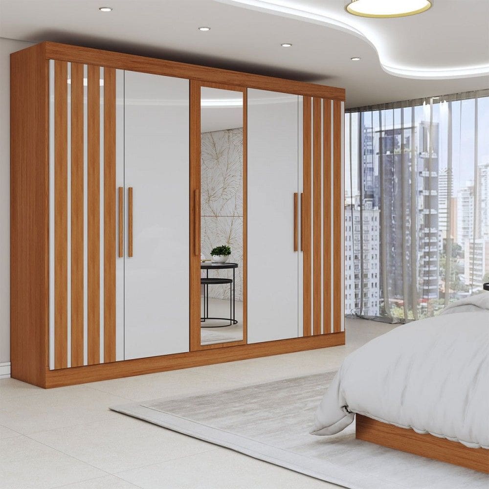 Guarda-Roupa Casal Prince 5 Portas 2 Gavetas com Espelho Freijó/Off White - Panorama Móveis