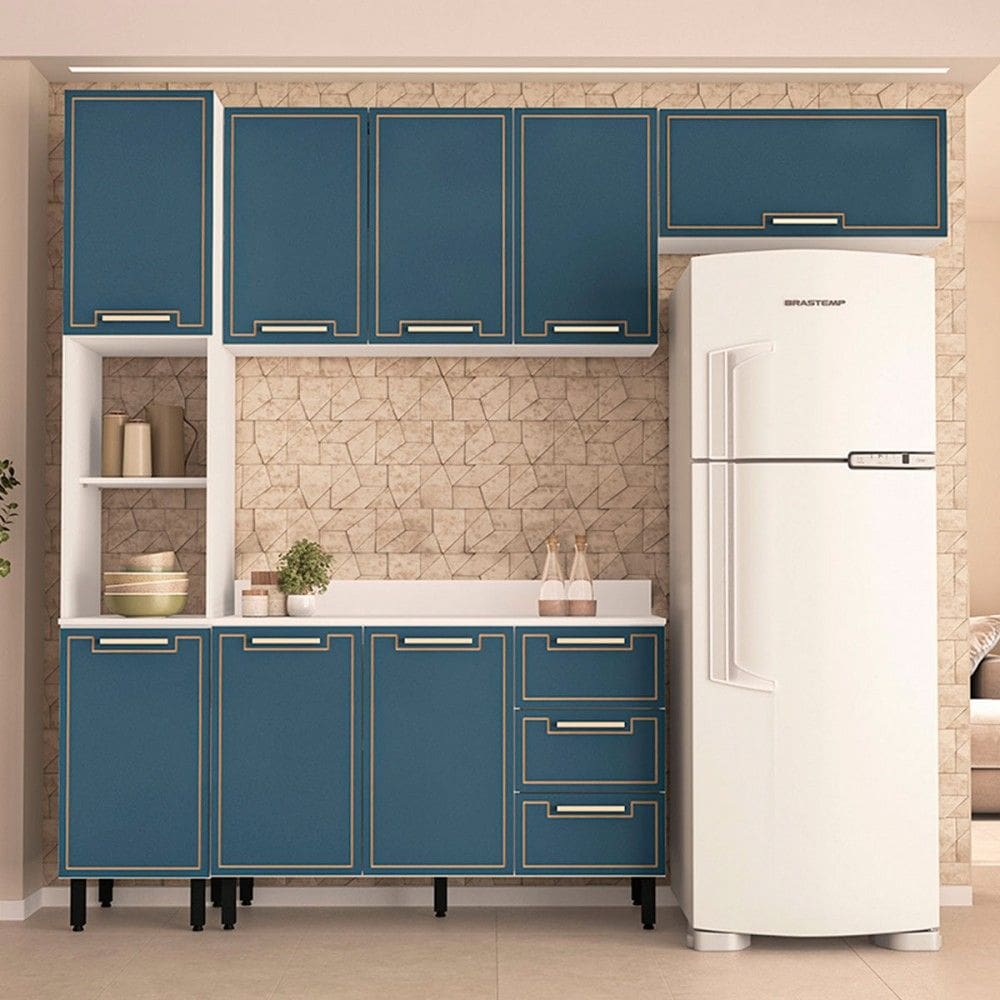 Cozinha Completa Amara 8 Portas 3 Gavetas 40250090 Branco/Azul - Politorno
