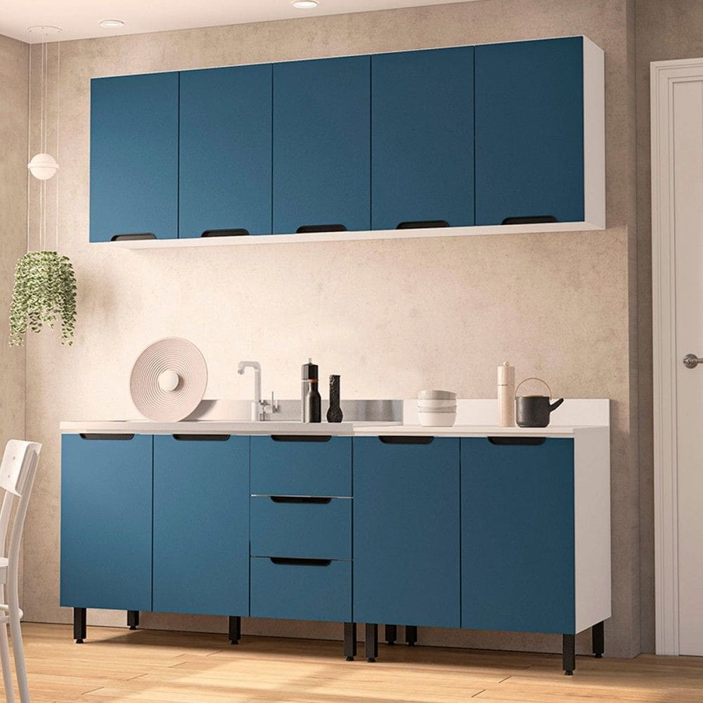 Cozinha Completa Meena 9 Portas 3 Gavetas 40250053 Branco/Azul - Politorno
