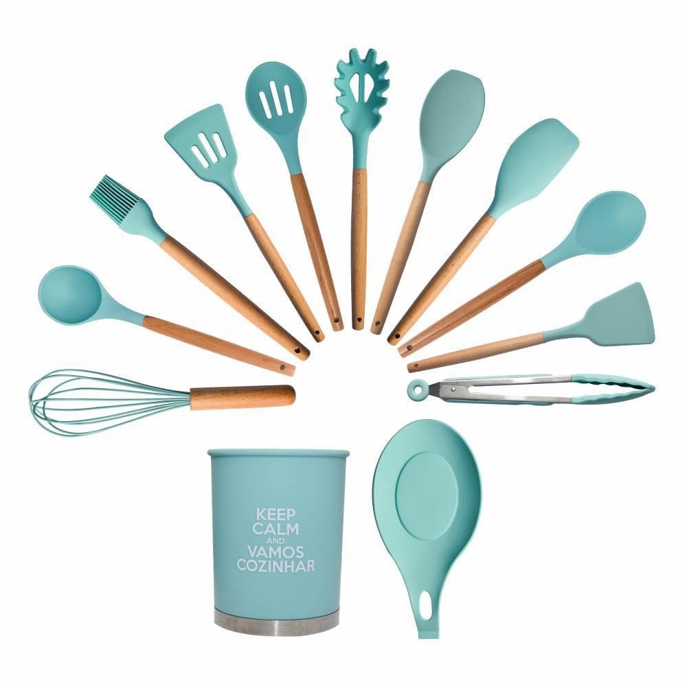 Kit 13 Utensílios De Cozinha Silicone Cabo Madeira