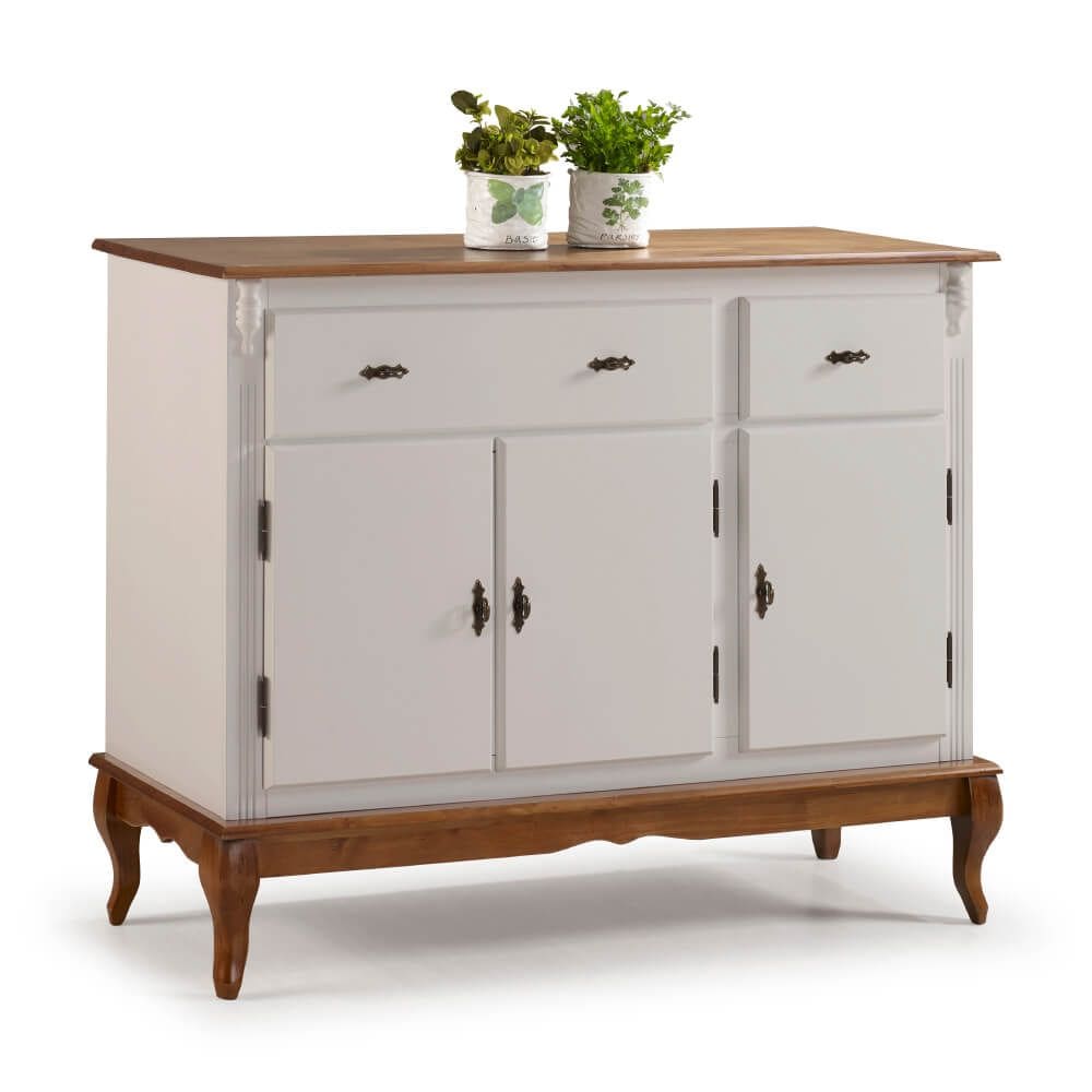 Balcão Buffet de Madeira com Pés Luis XV 3 Portas e 2 Gavetas Linz Móveis 60631 - Off White/Imbuia Glazer