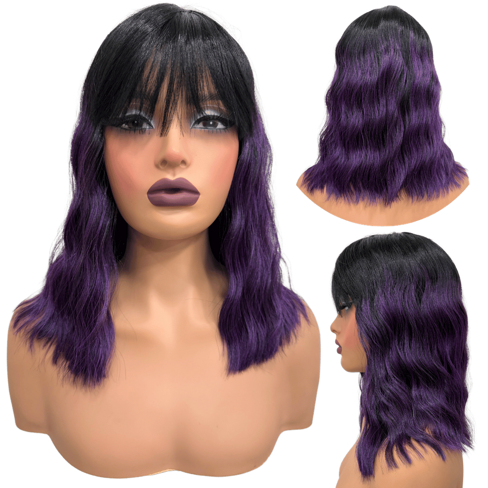 Peruca curta c/ franja roxo ombre 30cm ondulada OTPU
