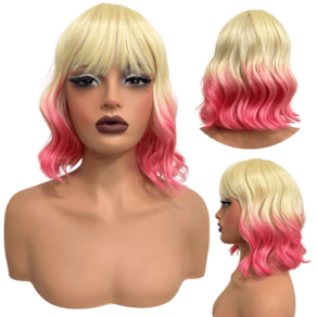 Peruca curta c/ franja loira rosa ombre ondulada OM613 Pink