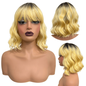 Peruca curta c/ franja loira ombre ondulada long bob gold
