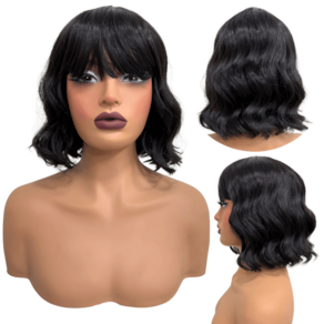 Peruca curta com franja preta natural ondulada long bob 2