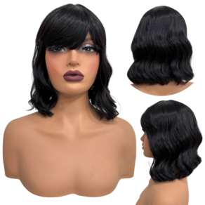Peruca curta com franja preta ondulada long bob orgânica 1B