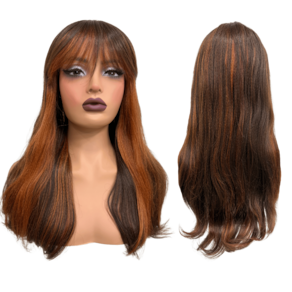 Peruca castanho claro ruiva mechas com franja 55cm BHF4350