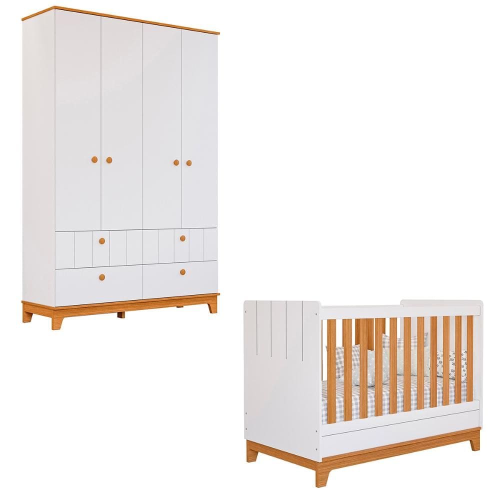 Conjunto de Berço e Roupeiro Biscoito 4 Portas e 4 Gavetas